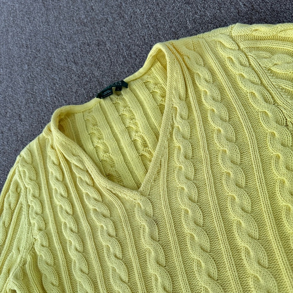 Lauren Ralph Lauren Yellow V-Neck Cable Knit Sweater Size Large Women's M2